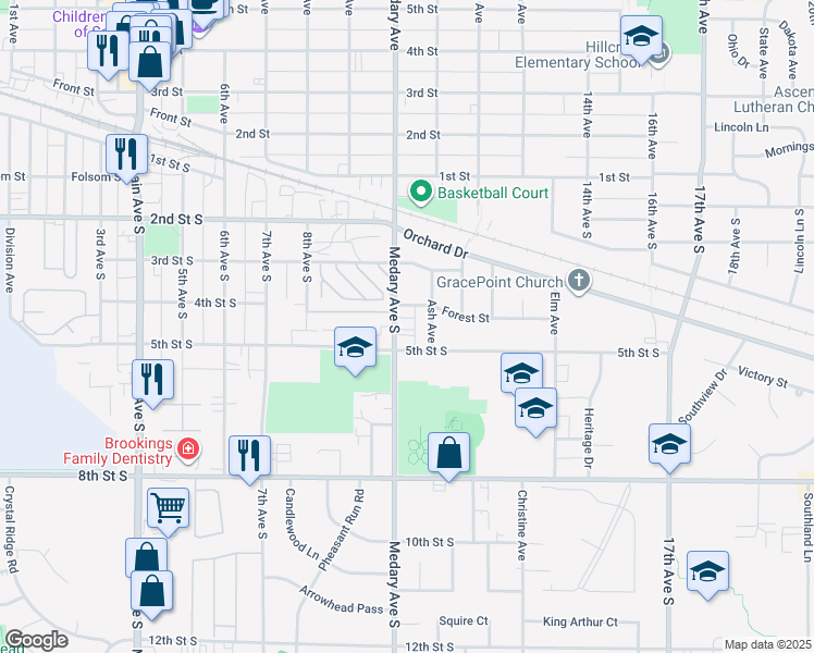 map of restaurants, bars, coffee shops, grocery stores, and more near 420 Ash Avenue in Brookings