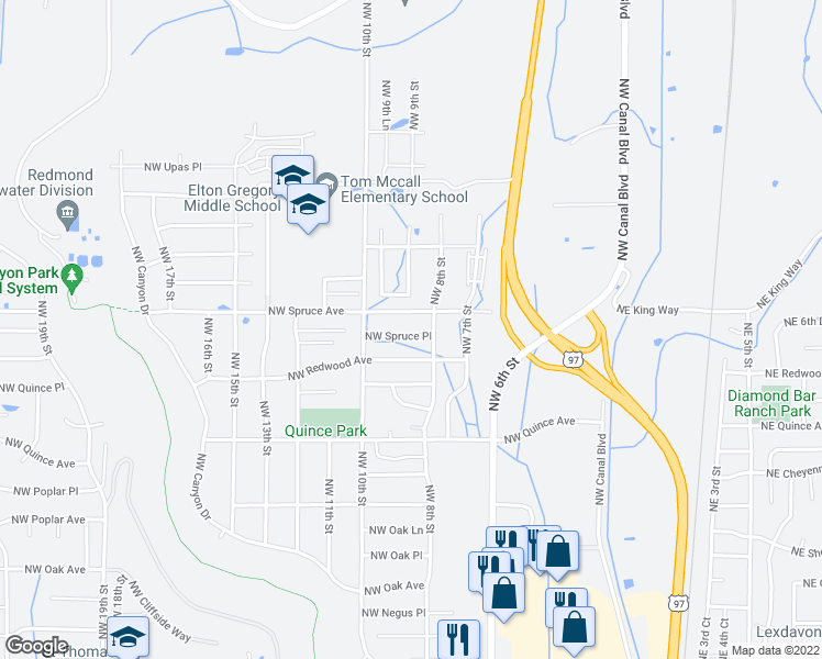 map of restaurants, bars, coffee shops, grocery stores, and more near 851 Northwest Spruce Place in Redmond