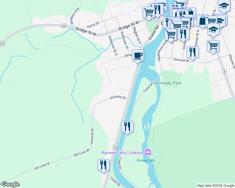 map of restaurants, bars, coffee shops, grocery stores, and more near 225 Victoria Street in Campbellford
