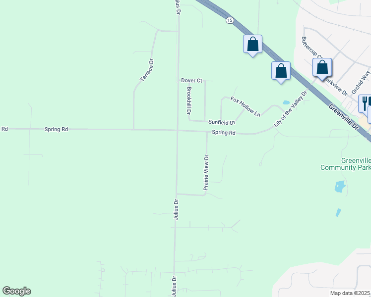 map of restaurants, bars, coffee shops, grocery stores, and more near N1668 Julius Drive in Greenville