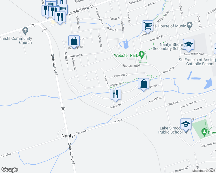 map of restaurants, bars, coffee shops, grocery stores, and more near Mill Street in Innisfil