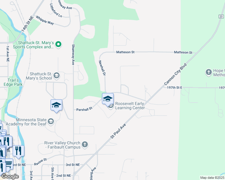 map of restaurants, bars, coffee shops, grocery stores, and more near 1030 Parshall Street in Faribault