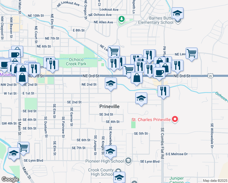 map of restaurants, bars, coffee shops, grocery stores, and more near 100 Northeast Knowledge Street in Prineville