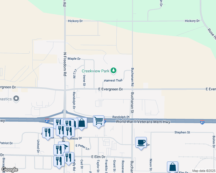 map of restaurants, bars, coffee shops, grocery stores, and more near W2375 Evergreen Drive in Kaukauna