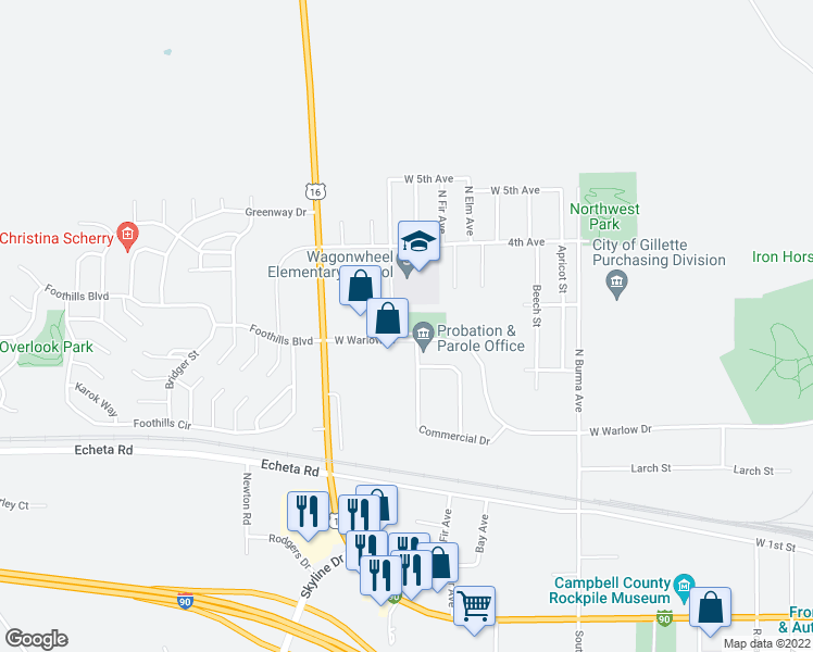 map of restaurants, bars, coffee shops, grocery stores, and more near 1720 West Warlow Drive in Gillette