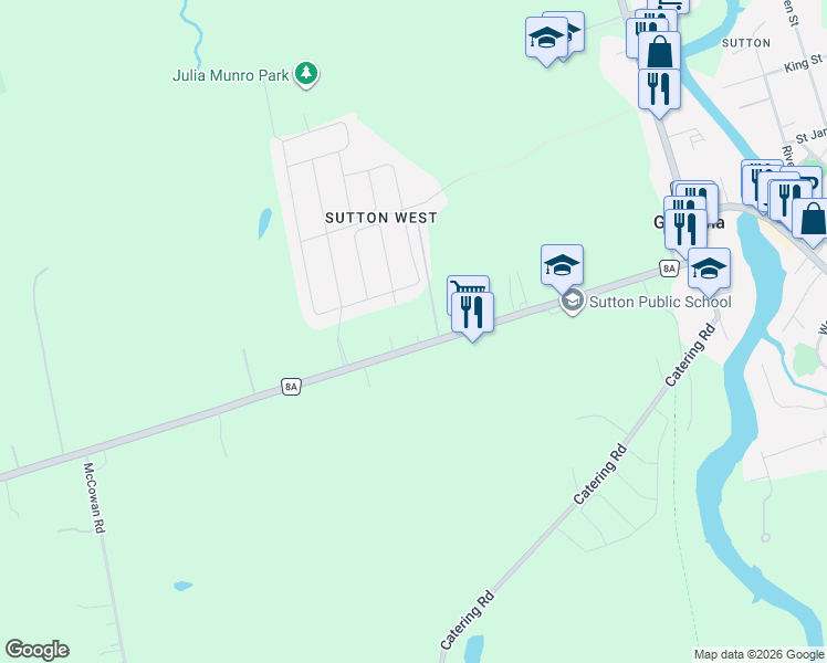 map of restaurants, bars, coffee shops, grocery stores, and more near 4988 Baseline Road in Georgina