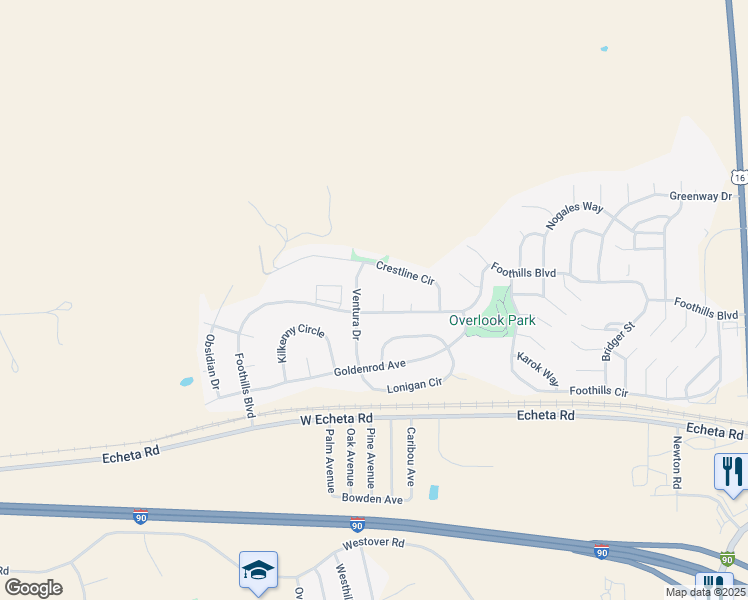 map of restaurants, bars, coffee shops, grocery stores, and more near 3407 Foothills Boulevard in Gillette