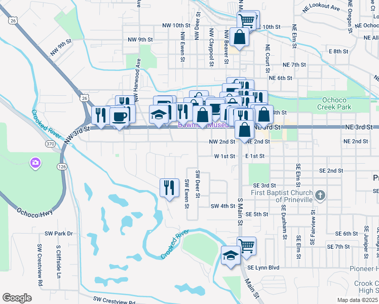 map of restaurants, bars, coffee shops, grocery stores, and more near 115 Northwest Deer Street in Prineville