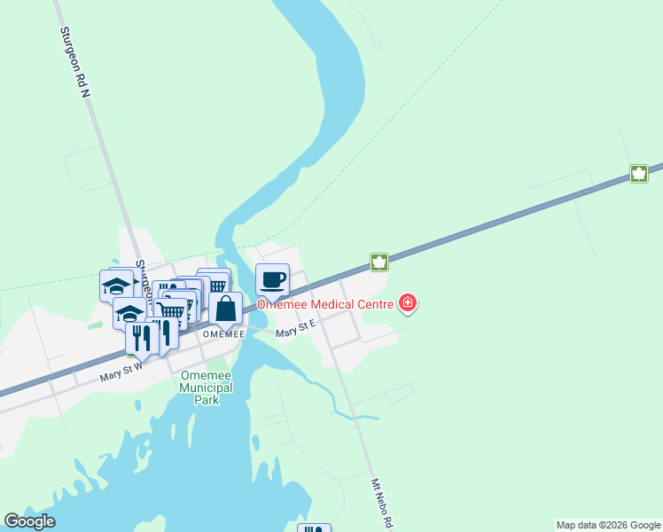map of restaurants, bars, coffee shops, grocery stores, and more near 87 Highway 7 in Kawartha Lakes