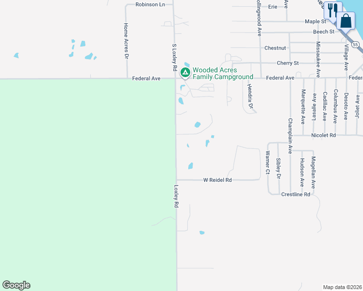 map of restaurants, bars, coffee shops, grocery stores, and more near 2069-2543 Loxley Road in Houghton Lake