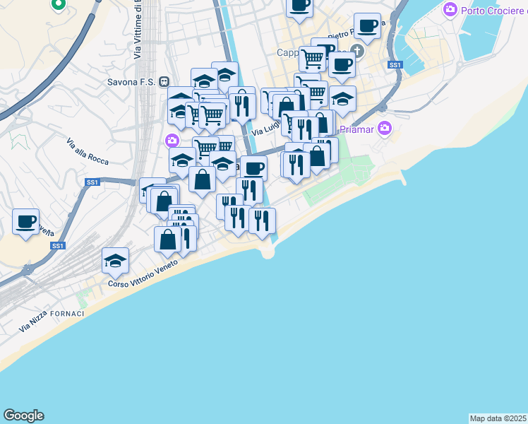 map of restaurants, bars, coffee shops, grocery stores, and more near 6/r Via Domenico Cimarosa in Savona