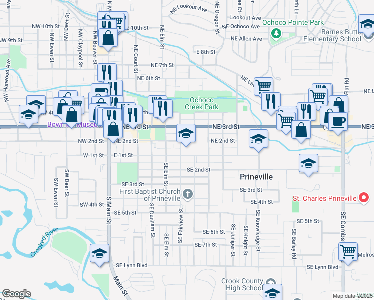 map of restaurants, bars, coffee shops, grocery stores, and more near 641 East 1st Street in Prineville