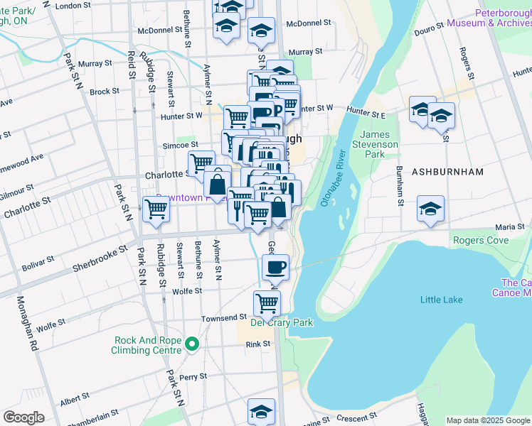 map of restaurants, bars, coffee shops, grocery stores, and more near in Peterborough