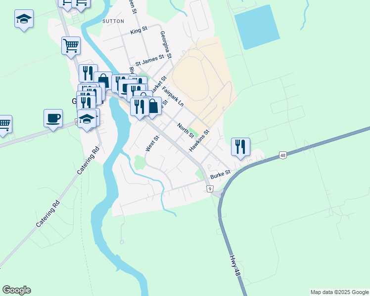 map of restaurants, bars, coffee shops, grocery stores, and more near 59 High Street in Georgina