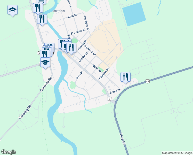 map of restaurants, bars, coffee shops, grocery stores, and more near 59 High Street in Georgina