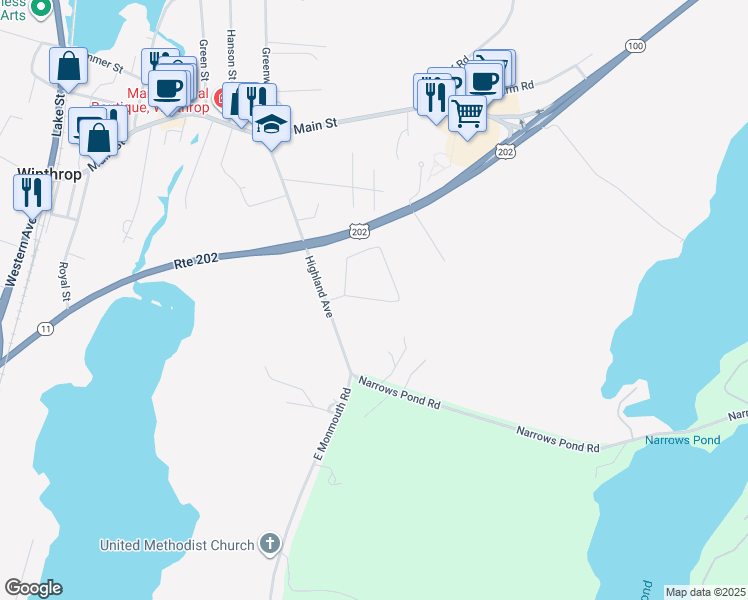 map of restaurants, bars, coffee shops, grocery stores, and more near 20 Highland Heights in Winthrop