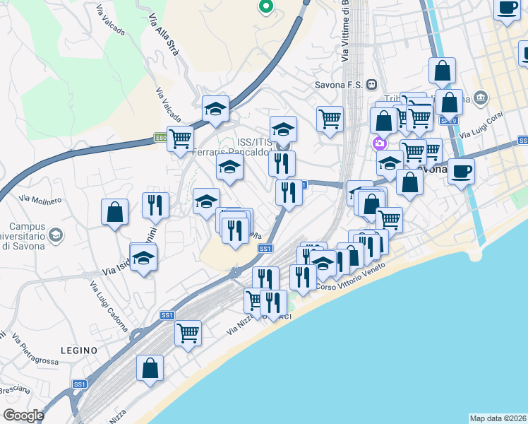 map of restaurants, bars, coffee shops, grocery stores, and more near 22 Via del Chiappino in Savona