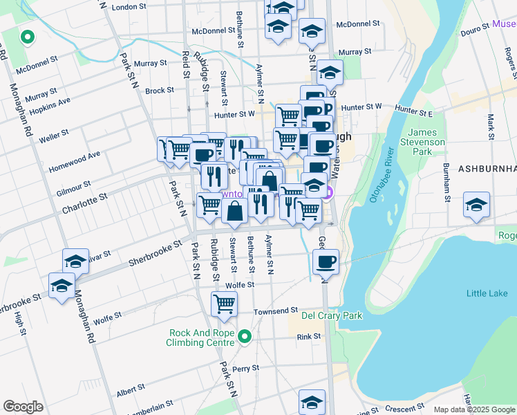 map of restaurants, bars, coffee shops, grocery stores, and more near 235 King Street in Peterborough