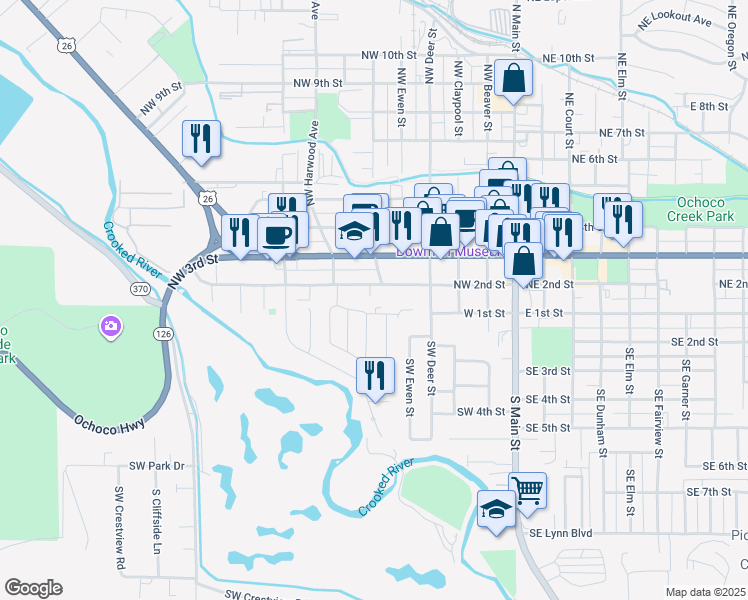 map of restaurants, bars, coffee shops, grocery stores, and more near 620 Northwest 2nd Street in Prineville