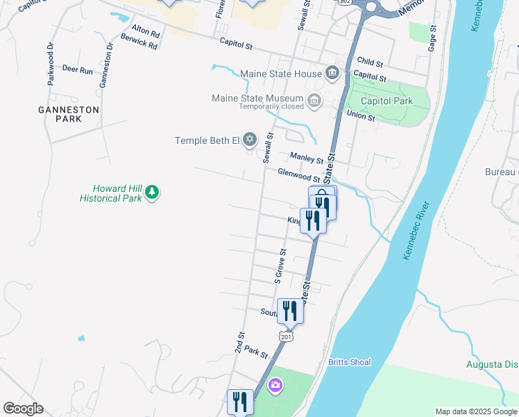map of restaurants, bars, coffee shops, grocery stores, and more near 187 Sewall Street in Augusta