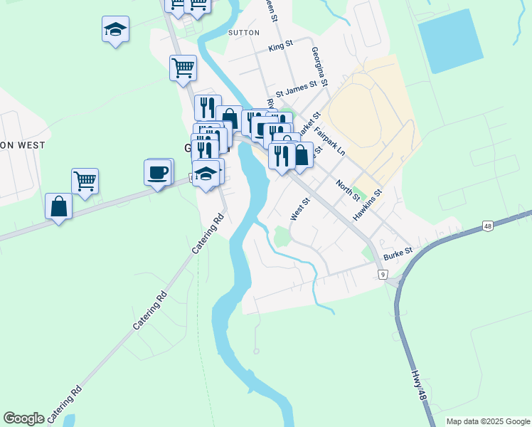 map of restaurants, bars, coffee shops, grocery stores, and more near 1 Middle Street in Georgina