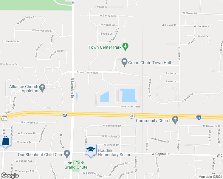 map of restaurants, bars, coffee shops, grocery stores, and more near 4019 Towne Lakes Avenue in Appleton