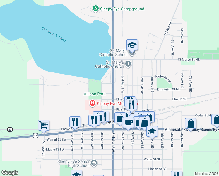 map of restaurants, bars, coffee shops, grocery stores, and more near 317 Current Street Northwest in Sleepy Eye