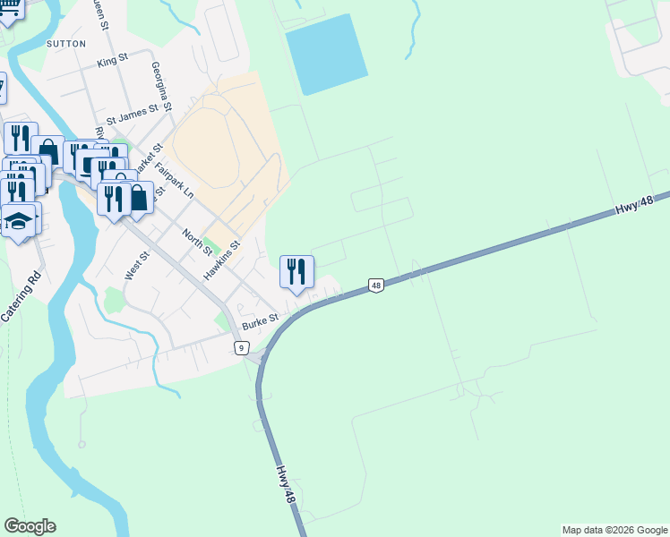 map of restaurants, bars, coffee shops, grocery stores, and more near 119 Cliff Thompson Court in Georgina