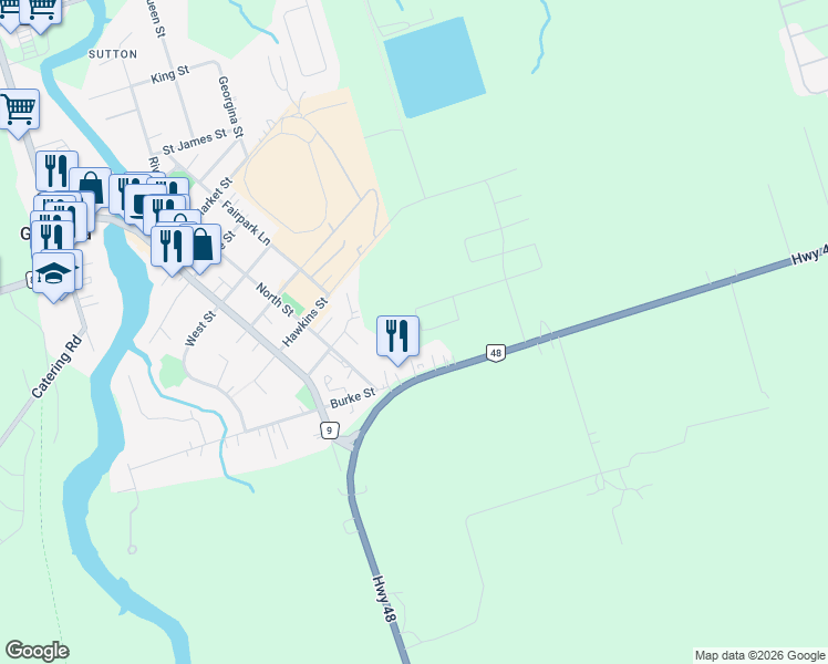 map of restaurants, bars, coffee shops, grocery stores, and more near 104 Cliff Thompson Court in Georgina