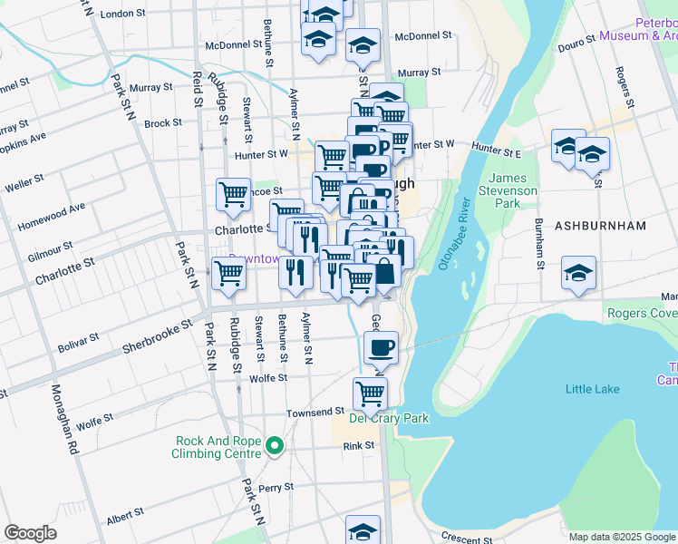 map of restaurants, bars, coffee shops, grocery stores, and more near in Peterborough