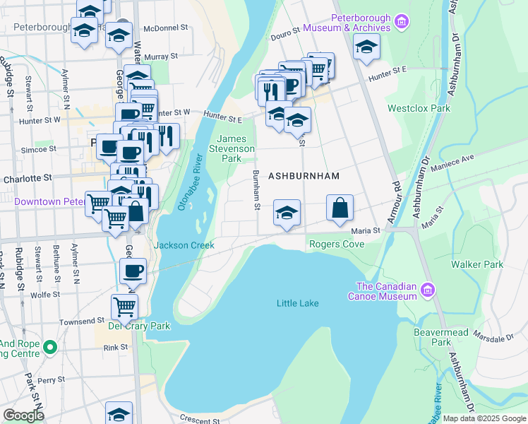 map of restaurants, bars, coffee shops, grocery stores, and more near in Peterborough