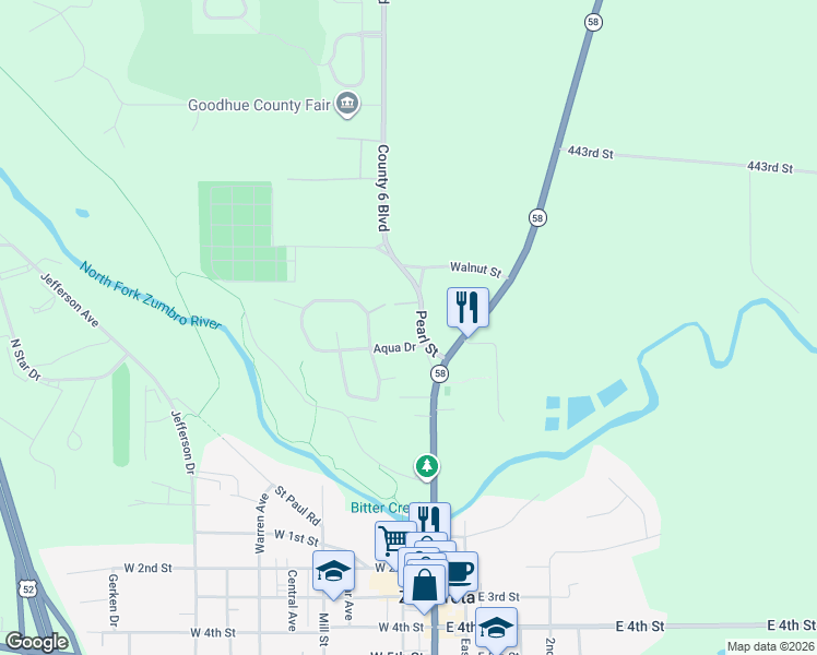 map of restaurants, bars, coffee shops, grocery stores, and more near 446 Pearl Street in Zumbrota