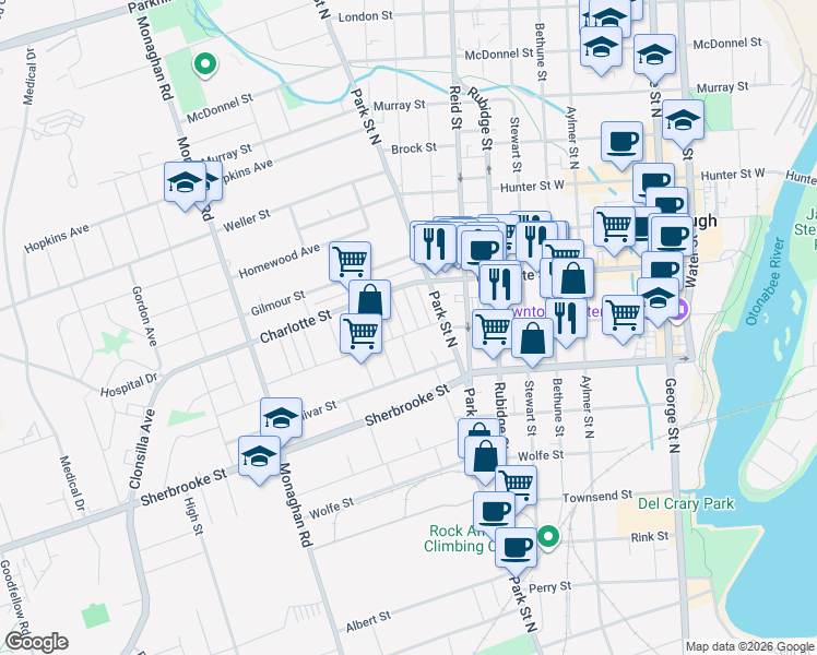 map of restaurants, bars, coffee shops, grocery stores, and more near 297 Boswell Avenue in Peterborough