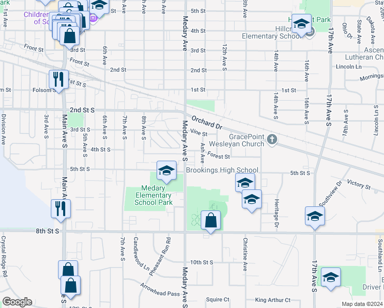 map of restaurants, bars, coffee shops, grocery stores, and more near 1010 Forest Street in Brookings