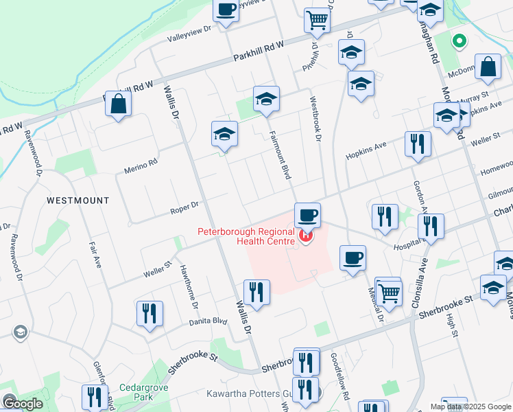 map of restaurants, bars, coffee shops, grocery stores, and more near 893 Kensington Drive in Peterborough