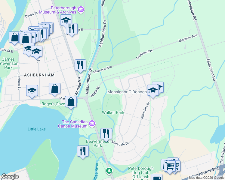 map of restaurants, bars, coffee shops, grocery stores, and more near 2183 Walker Avenue in Peterborough