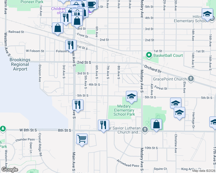 map of restaurants, bars, coffee shops, grocery stores, and more near 419 7th Ave S in Brookings