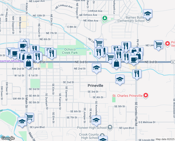 map of restaurants, bars, coffee shops, grocery stores, and more near 1000 Northeast 3rd Street in Prineville