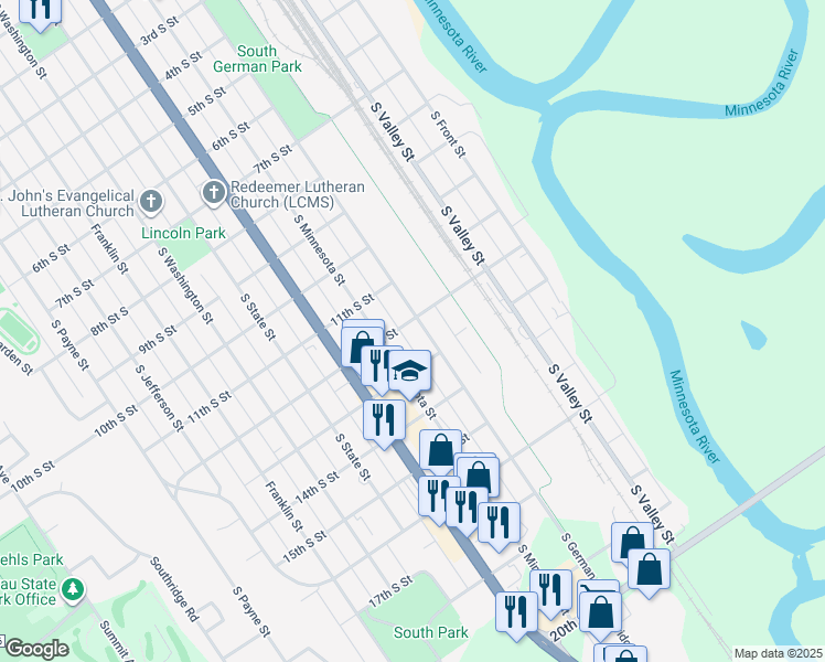 map of restaurants, bars, coffee shops, grocery stores, and more near 1127 South German Street in New Ulm