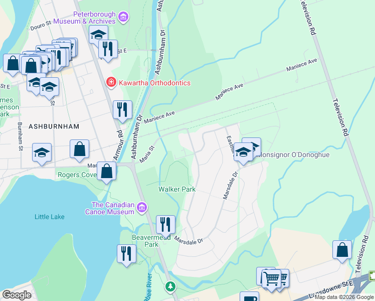 map of restaurants, bars, coffee shops, grocery stores, and more near 2185 Walker Avenue in Peterborough