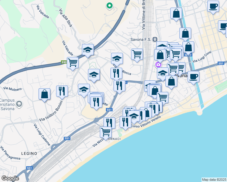 map of restaurants, bars, coffee shops, grocery stores, and more near Via Luciano Romagnoli in Savona