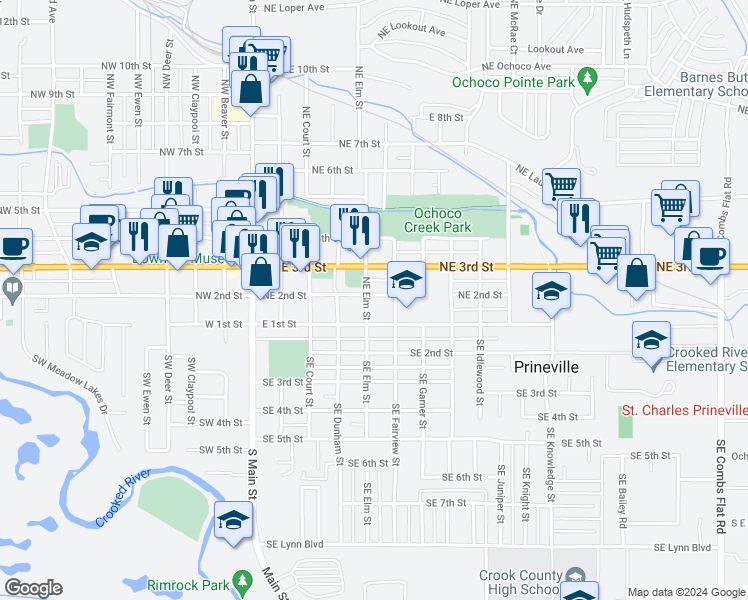 map of restaurants, bars, coffee shops, grocery stores, and more near 190 Northeast Elm Street in Prineville