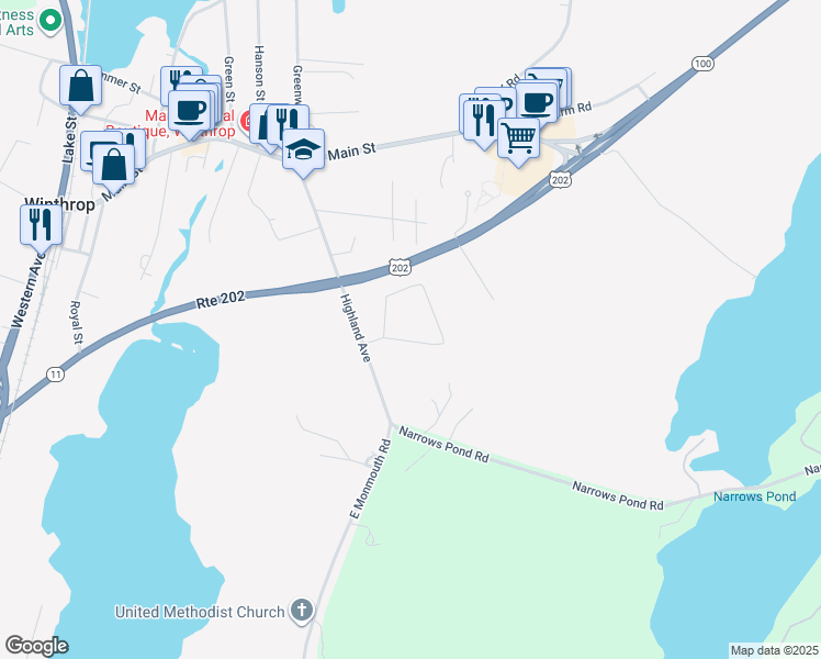 map of restaurants, bars, coffee shops, grocery stores, and more near 20 Highland Heights in Winthrop