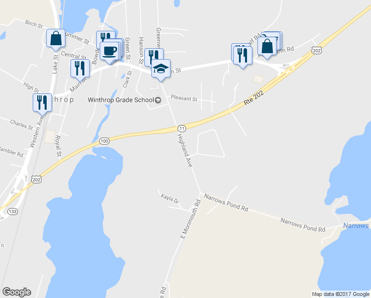 map of restaurants, bars, coffee shops, grocery stores, and more near 160 Highland Avenue in Winthrop