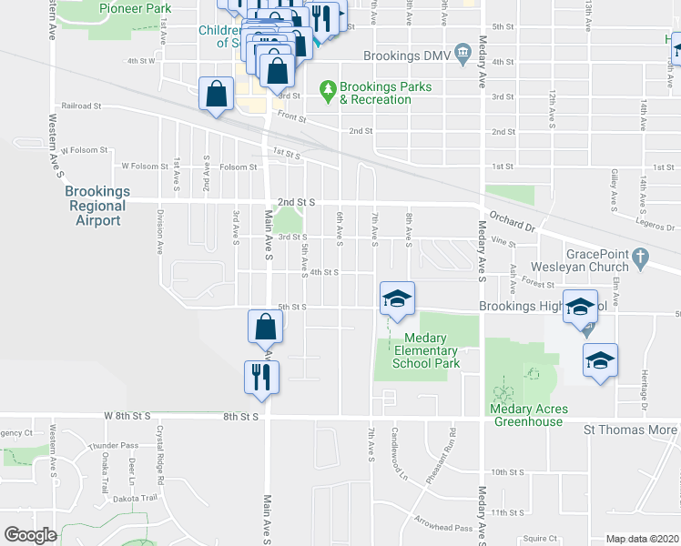 map of restaurants, bars, coffee shops, grocery stores, and more near 401 6th Avenue South in Brookings