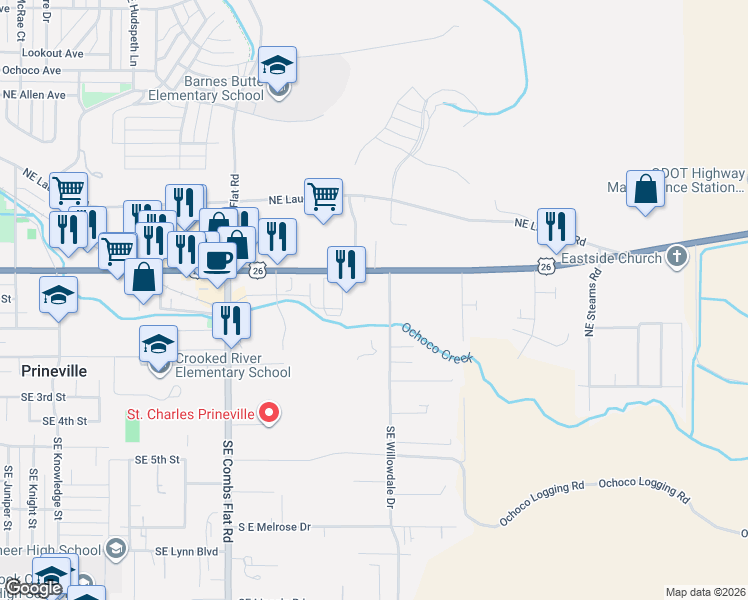 map of restaurants, bars, coffee shops, grocery stores, and more near 250 Northeast Saint Charles Way in Prineville