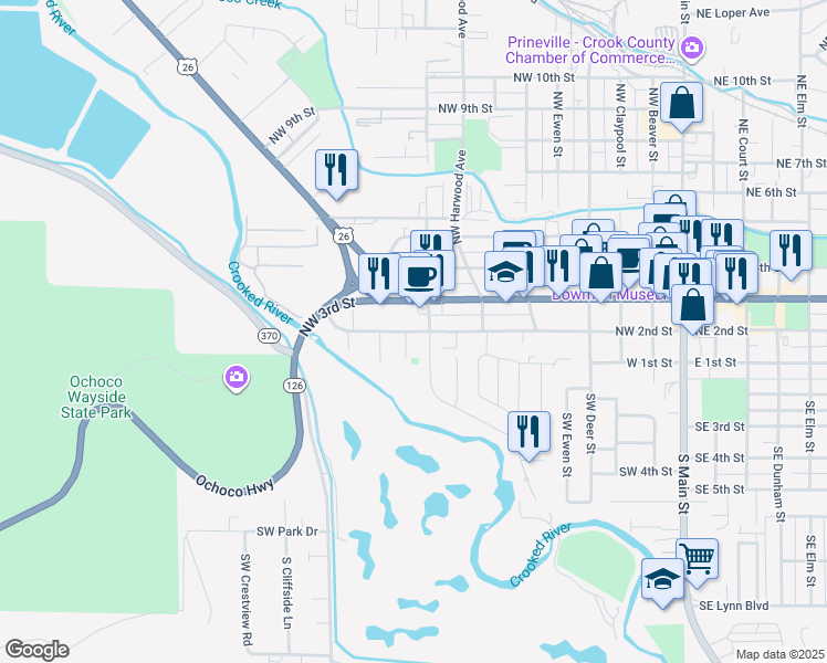 map of restaurants, bars, coffee shops, grocery stores, and more near 851 Northwest 2nd Street in Prineville