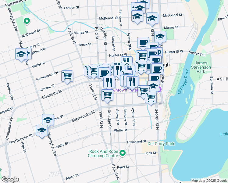 map of restaurants, bars, coffee shops, grocery stores, and more near 283 Stewart Street in Peterborough