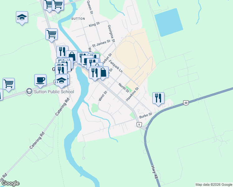 map of restaurants, bars, coffee shops, grocery stores, and more near 71 High Street in Georgina