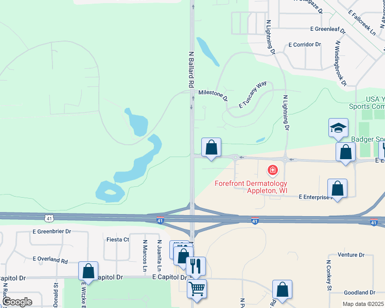 map of restaurants, bars, coffee shops, grocery stores, and more near Apple Creek Trail in Appleton